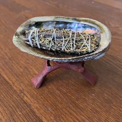 Abalone Shell And Wood Tripod Stand For Smudging And Burning Sage