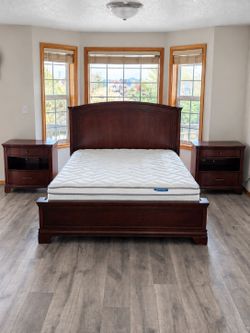 Very Nice Queen Samson Bed Frame and Nightstands with Linenspa Pillowtop Mattress and Boxspring Set
