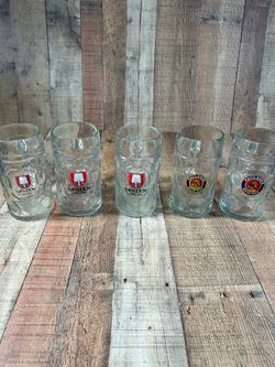 German Beer Mug Set - 5 Large Dimpled Glass Stein Mugs Spaten & Paulaner
