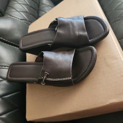 Women Brown Leather Slide Wedge , Sandals Size 10 