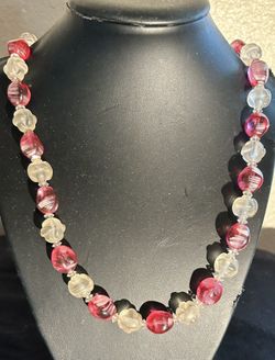 Vintage German Frosted Pressed Glass Pink And White Rope Necklace 