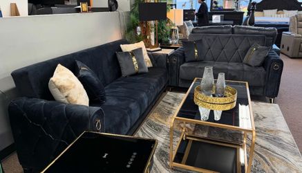 Navy Blue Velvet Sofa and Loveseat Set