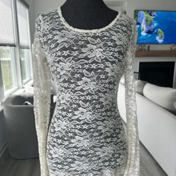 Cream, Lace, Long Sleeve Top
