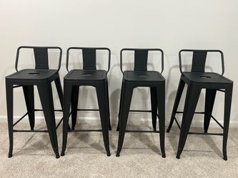 Set of 4 Matte Black Metal Bar Stools / Counter Stools with Low Backrests
