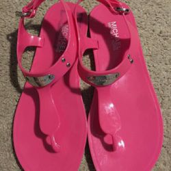 Women’s Michael Kors MK Gold Plated Ankle Strap Jelly Sandals - Hot Pink, Size 8