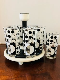 Vintage Mid-Century Cera Bartrix Op-Art Highball Glass Set & Caddy-Pristine-Marked