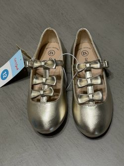 Cat & Jack Metallic Gold Triple-Bow Mary Janes Flats Size 12 NWT