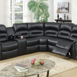 Brand New Black Leather Reclining Sectional Sofa