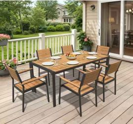 6pc chairs+71.4 in. Aluminum Brown Rectangular Outdoor Patio Dining Table with Umbrella Hole