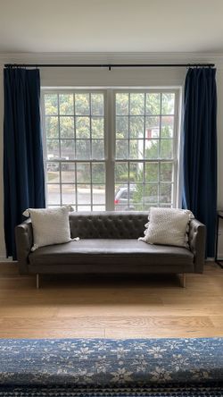 Modern Chesterfield Sofa, Charcoal Leather with Brass Legs