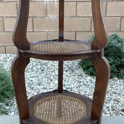 Antique Solid Wood Inlay Star Three-Tier Round Side Table W/Cane Shelves Made In Italy 