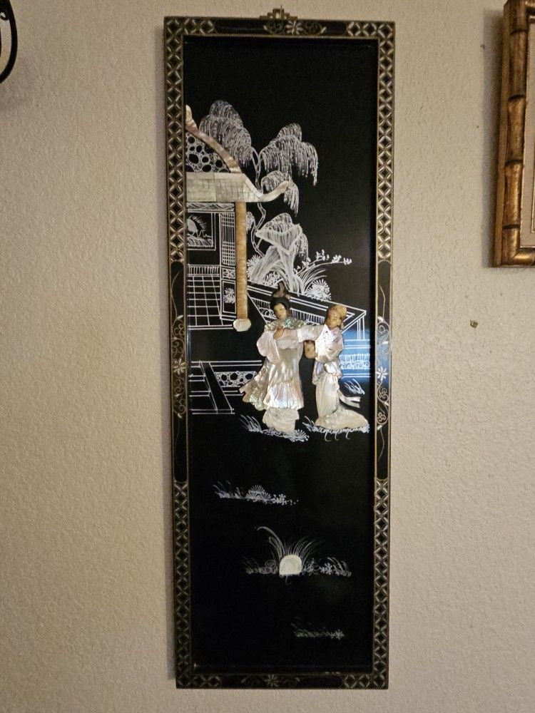 Vintage Asian Lacquer Wall Panel – Mother of Pearl & Bone Inlay – Handcrafted Oriental Art