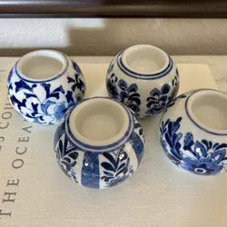 Set Of 4 Blue & White Porcelain Votives 