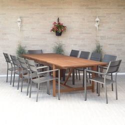 BRAND NEW FREE SHIPPING Rectangular Extendable Outdoor Furniture 11 Piece 100% FSC Certified Wood Whit Aluminum Chairs Dining Set