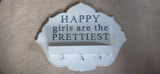 Distressed Wooden Wall Decor Shelf with Hooks - "Happy Girls Are The Prettiest"