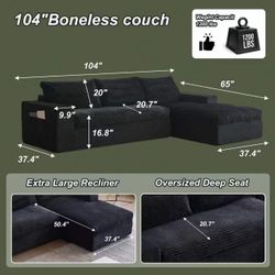104" Black Boneless Sectional Couch with Chaise