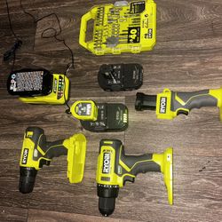 RYOBI Cordless One- 2 Drills, Flashlight, 3 Batteries, 2 Chargers, 40 Piece Bit Set