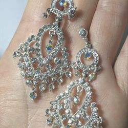 3" Long Sophisticated Clear Austrian Crysta Rhinestone Silver Chandelier Earrings