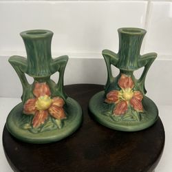 2 Vintage Roseville Green Clematis 1159 Candle Stick Holders 