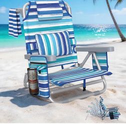 Folding Beach Chair with Headrest and Cup Holder