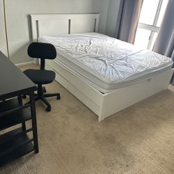 Queen Bed,  Mattress, Desk and Chair (Like New)