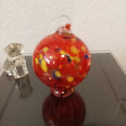 Art Glass Ball Table Top Ornament Orb Hand Blown Mottled Orange.