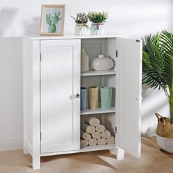 ZenStyle Bathroom Floor Storage Cabinet Free Standing Side Organizer, Tall Kitchen Pantry Entryway Cupboard with Double Doors Adjustable Shelf (White)