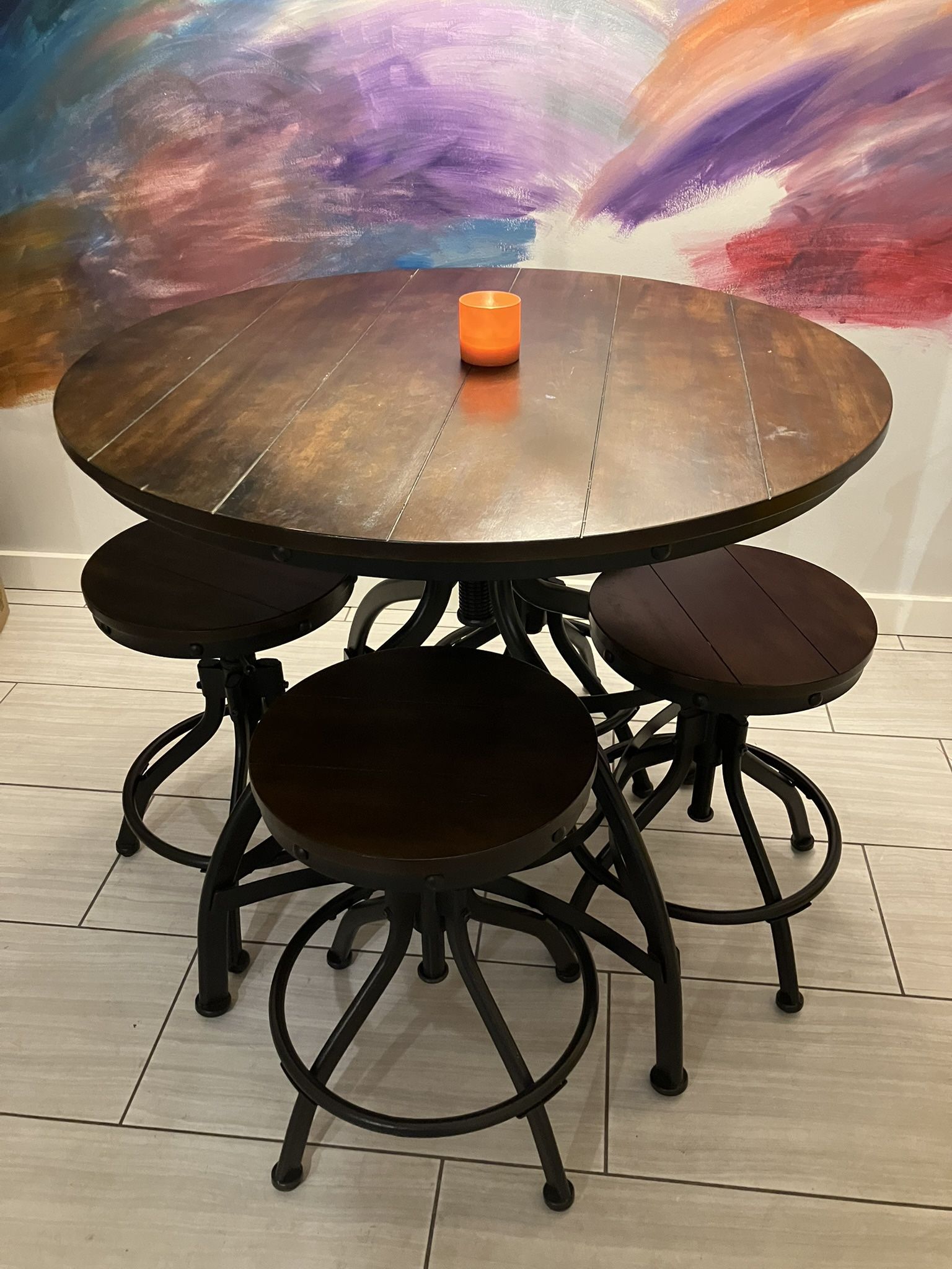 Circular Wood/Iron Height Adjustable Dining Table & Chairs