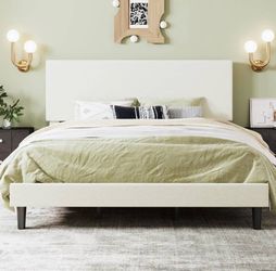 King Size Bed Frame, Cream Platform Bed with Adjustable Headboard, Wooden Slats