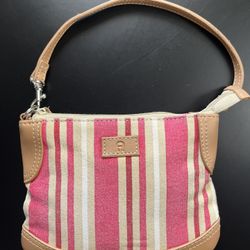 💙 Etienne Aigner Pink and Cream Striped Canvas Wristlet Bag