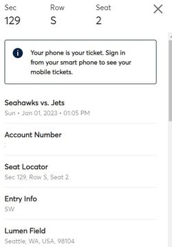 Seahawks Vs Jets Jan 1st, Sec 129, 2 Tix, great seats $200 each   Thumbnail