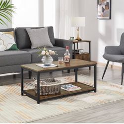2-Tier Coffee Table, Industrial Wood Coffee Table with Storage Shelf for Living Room, Rectangle Side End Table with Metal Frame, Rustic Brown