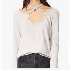 New Designer Gray Sweatshirt…. Bloomingdales Designer By Pam Gela Size Small, Neckline And Thumb lock Detail 