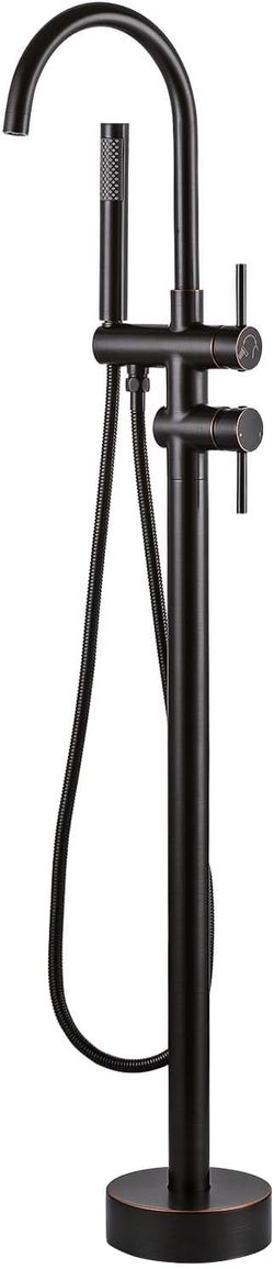 Freestanding Tub Filler Faucet, Floor Mount Oil Rubbed Bronze Bathtub Faucet with Single Handheld Shower for Bathroom, Brass Shower Tub Faucet Set Com