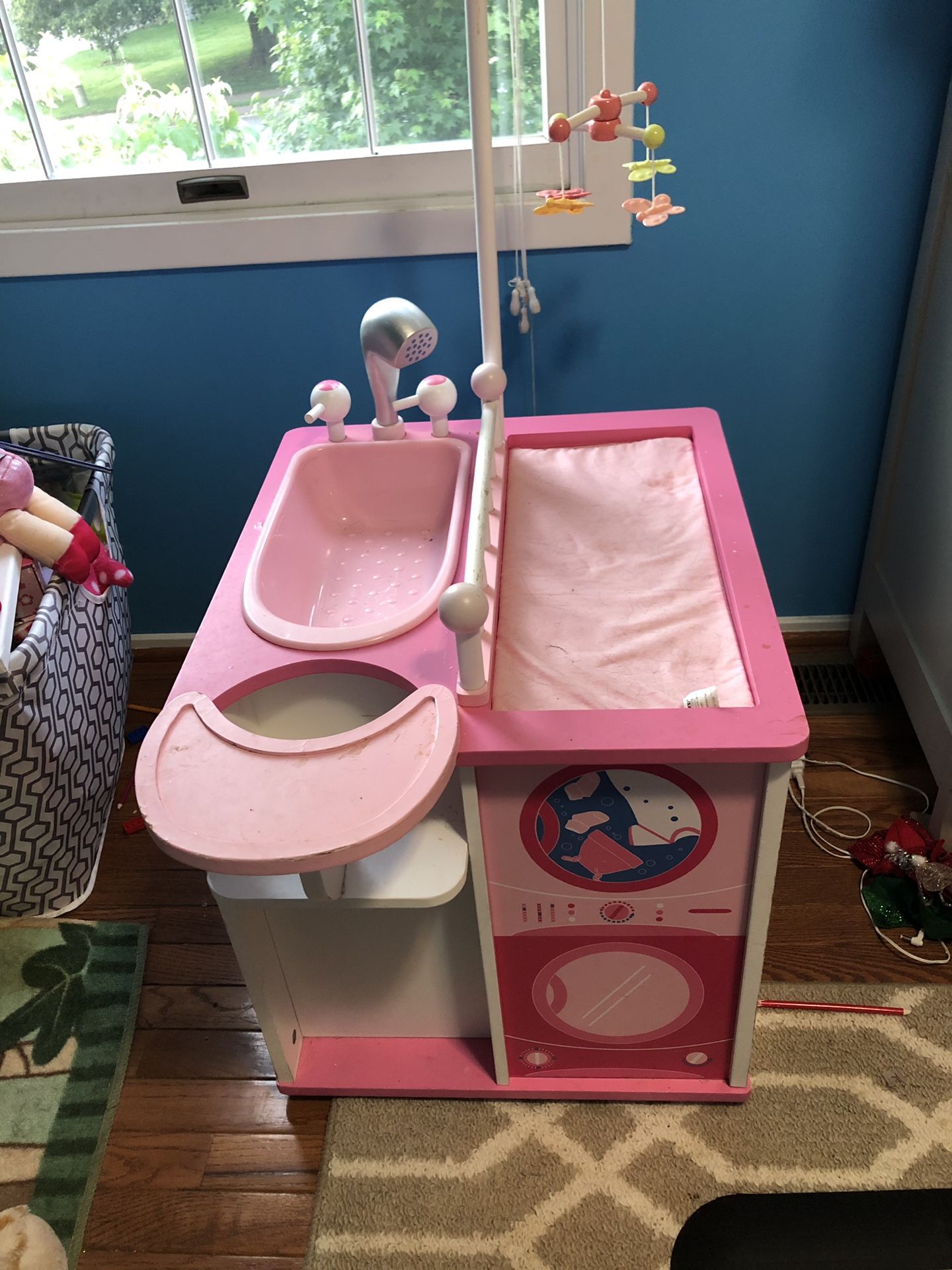 Pottery barn doll bed, bath and high chair