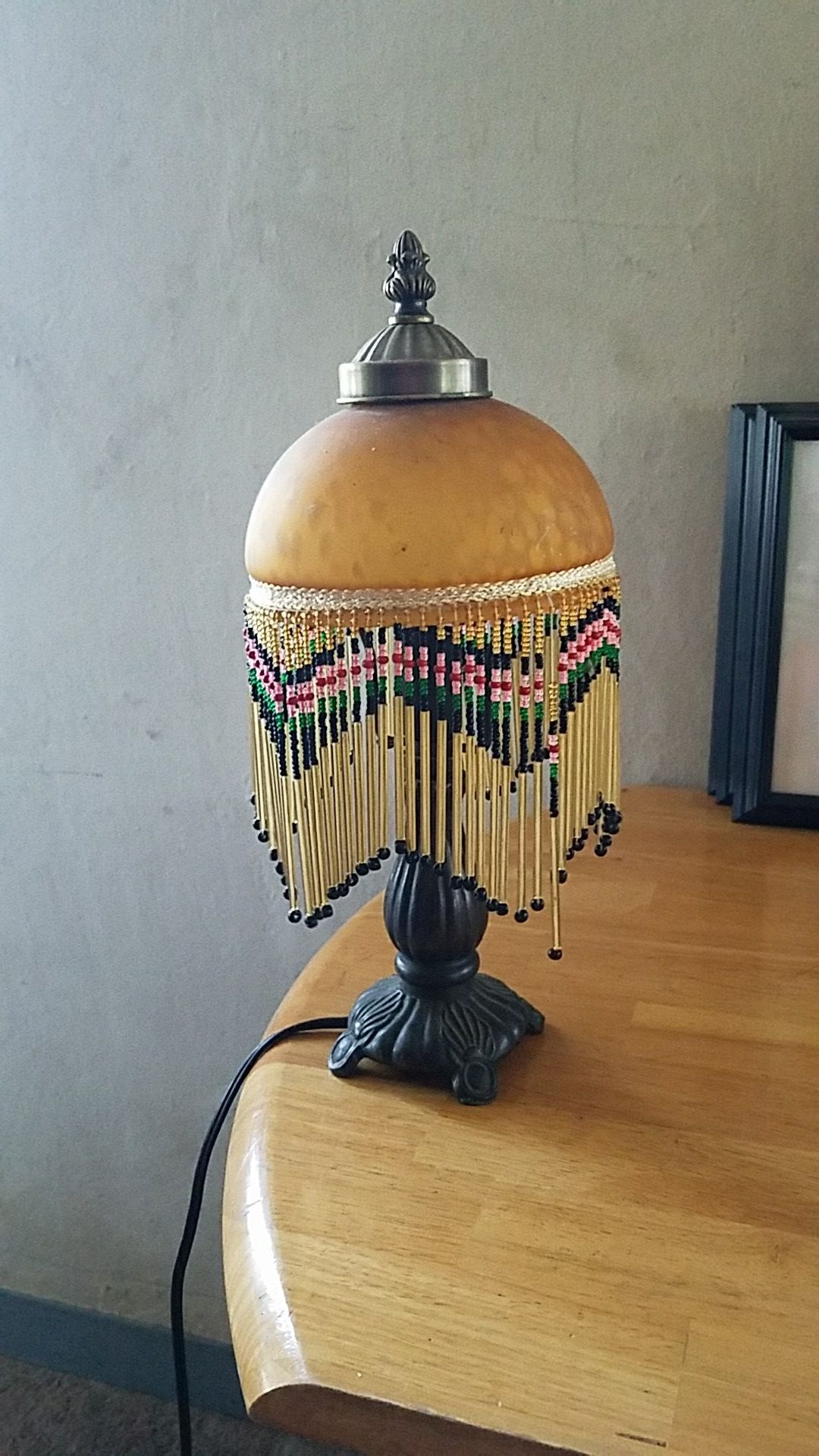 Brass lamp with glass and Beads shade