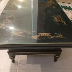 Coffee Table/ glass top/ hand painted  Chinese design/ rosewood: $400. obo