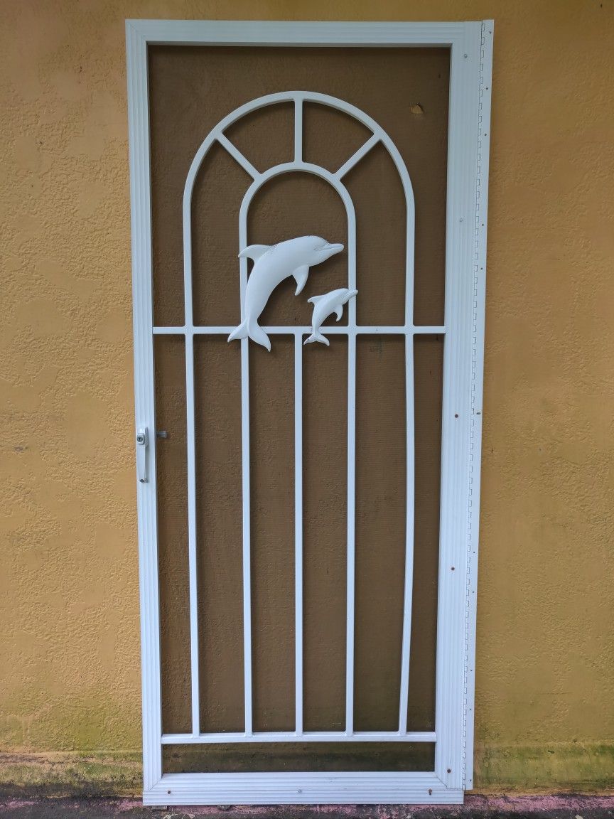 White Cast Aluminum Screen Lanai Security Doors with Dolphin Design 7ft