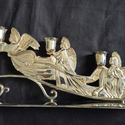 Vtg Silver& Gold Tone 3 Angels Candle Holder 12.75"x6"