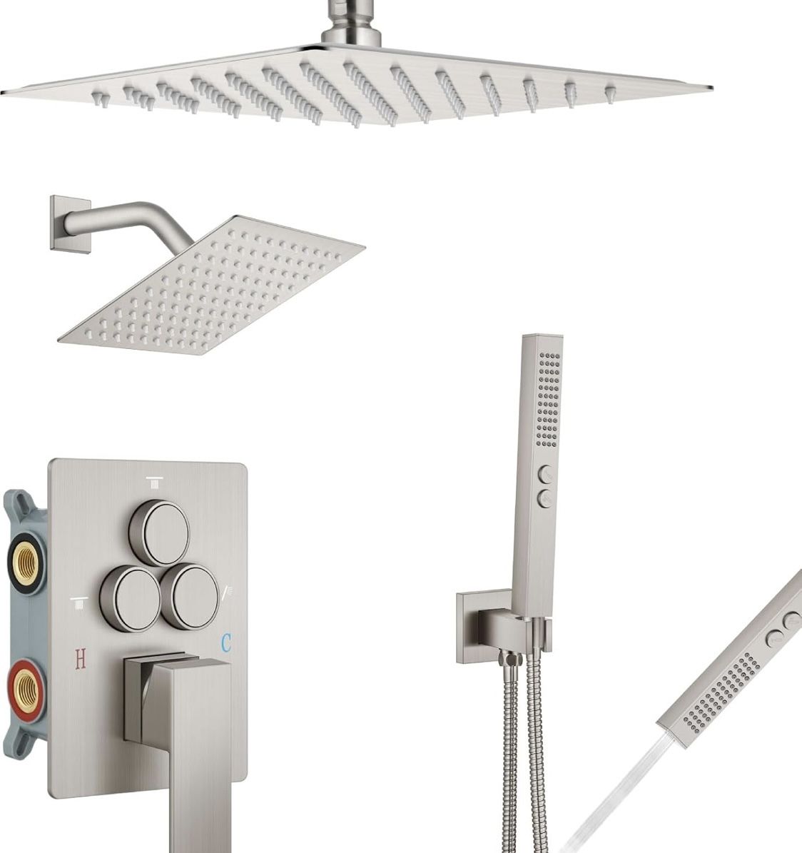 VANFOXLE Shower Faucet Set Brushed Nickel Shower System,Push Button Diverter Shower Faucet with 2 in 1 Handheld,Ceiling Mount Increased Thickness 10 I