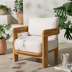 SAFAVIEH Couture Outdoor Patio Furniture Collection - Achilles Natural Teak & White Chair, Modern Outdoor Accent Lounge