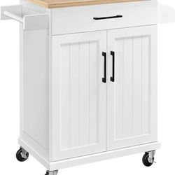Kitchen Cart with Bamboo Tabletop, 34.5" Width Rolling Kitchen Island with Drawer and Adjustable Shelf. White
