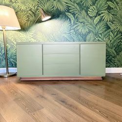 Unique Mcm Credenza/Console/Dresser, Beautifully Refurbished And Olive Green. Solid