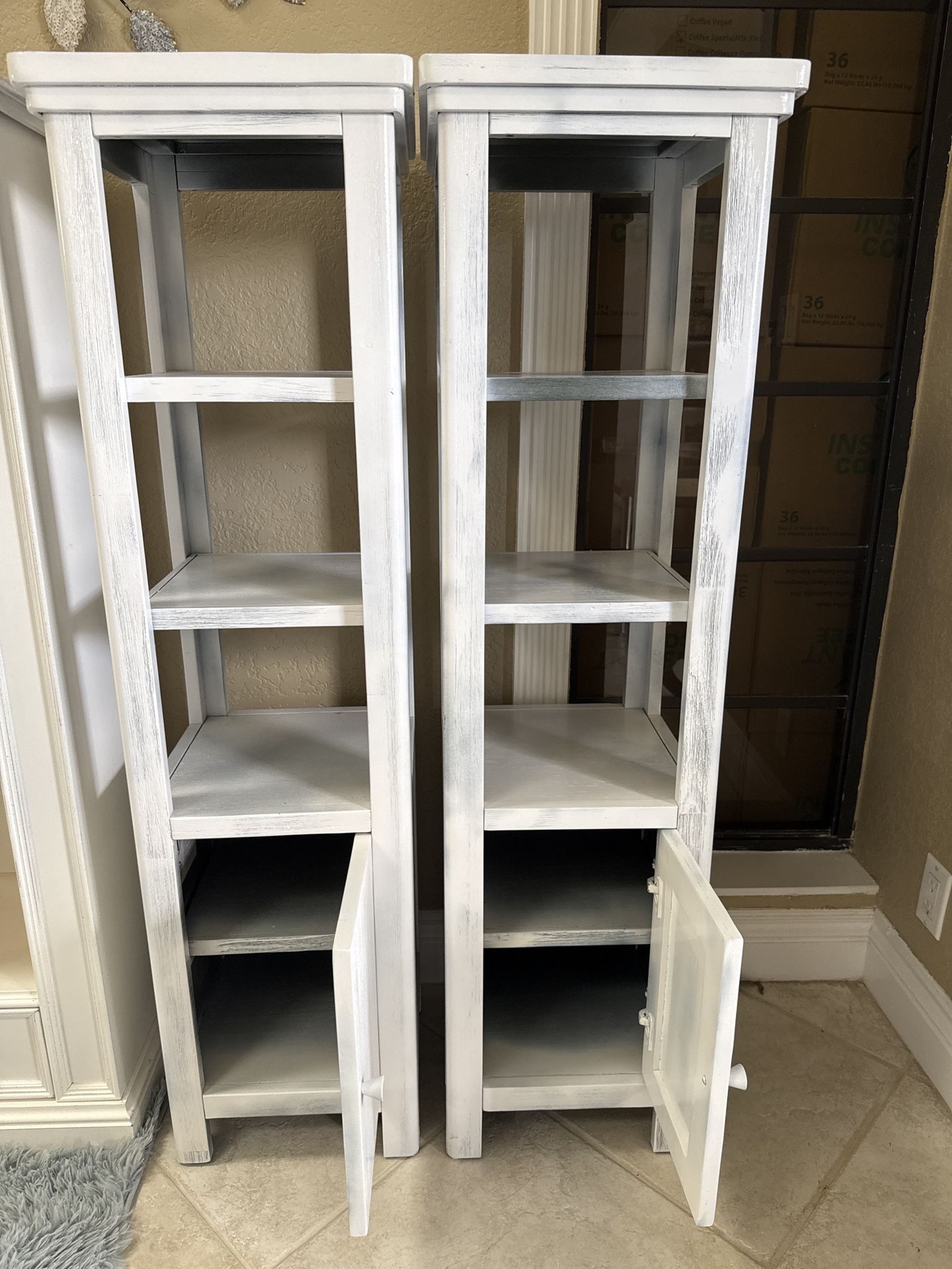 Set of 2 Used Distressed White Wood Shelves with Cabinet – Shabby Chic / Farmhouse Style