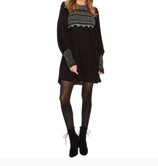 Free People Late Night Picnic Smocked Mini Dress Bohemian Black