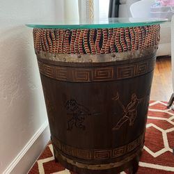 Unique Asian End Table W/ Glass Top