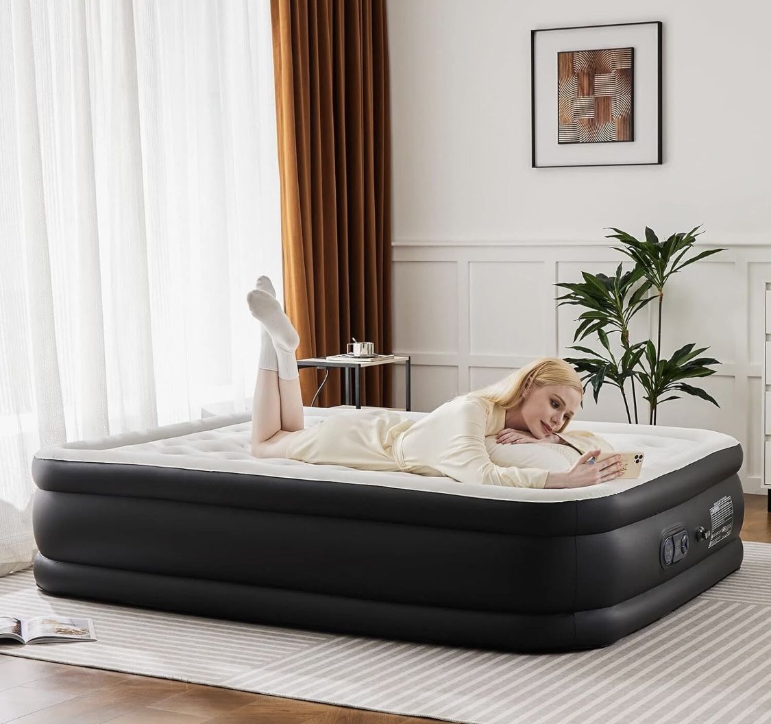 The product is a 16" - 18" Twin Queen Air Blow Up Inflatable Mattress Airbed with Built-in Pump, designed