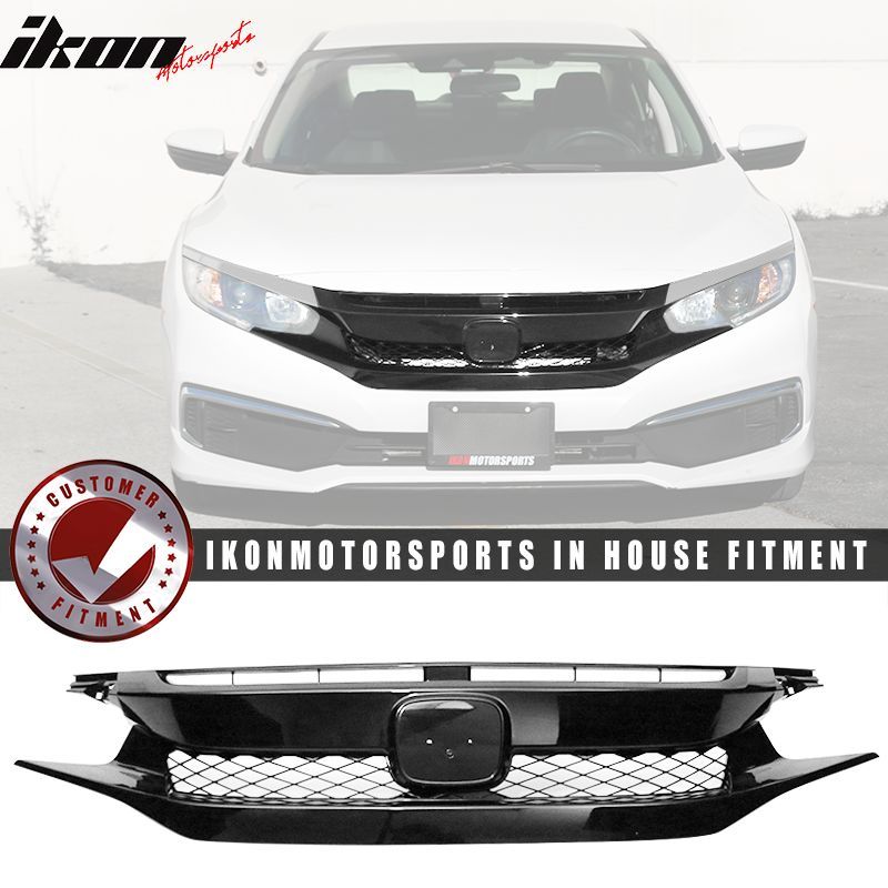 Fits 2019-2021 Honda Civic TR Style Front Bumper Hood Mesh Grille ABS Gloss Black