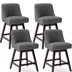 26 Inch Bar Stools Set of 4, Gray Swivel Counter Stools with Back, Linen Fabric Upholstered Barstools, Solid Wood Legs with Footrest, Modern Bar Stool