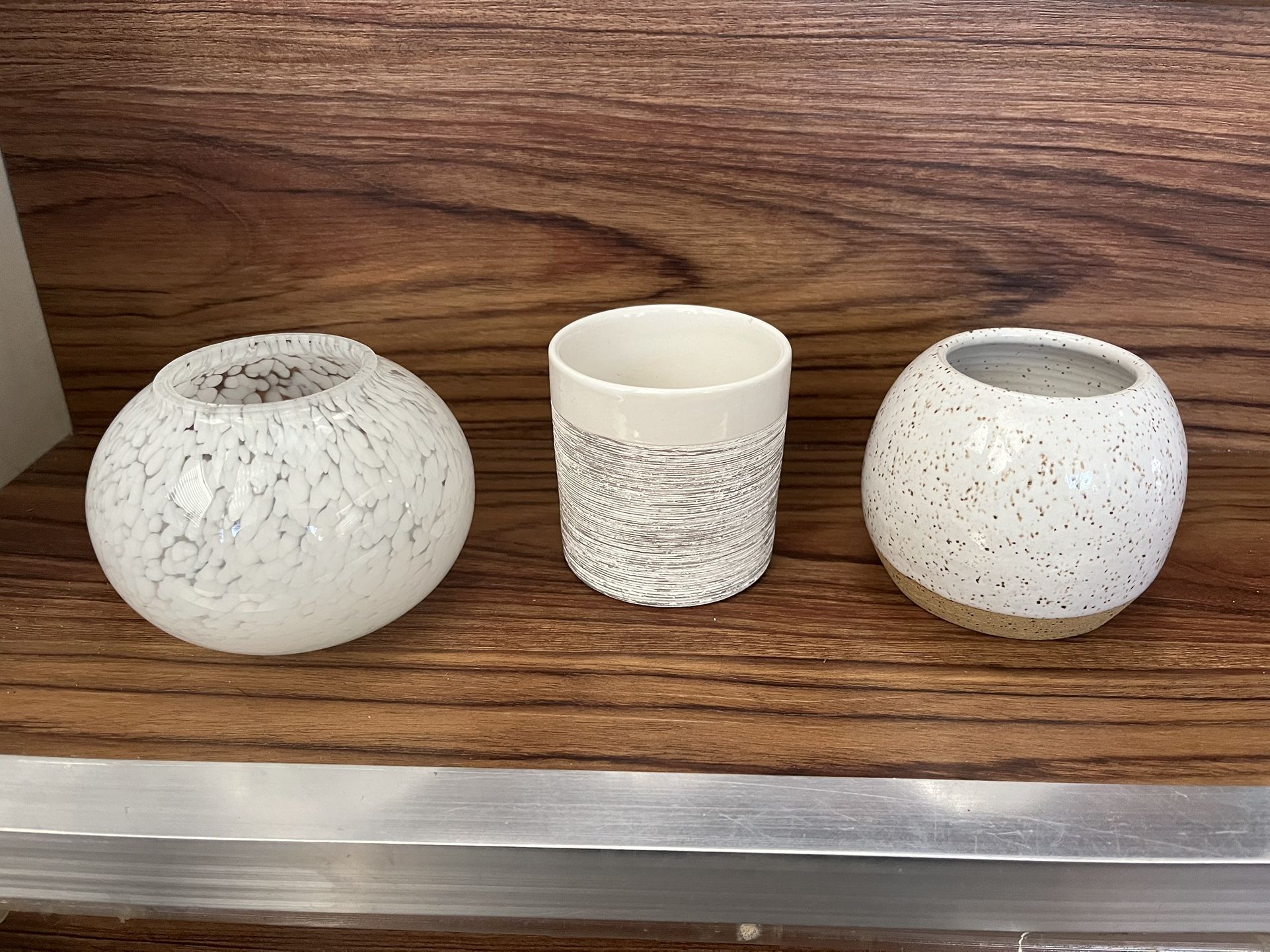 cute extra small 1 glass & 2 ceramic multi-use pots vases candle holders makeup brushes holder seedlings cuttings succulents cacti plant flower etc.